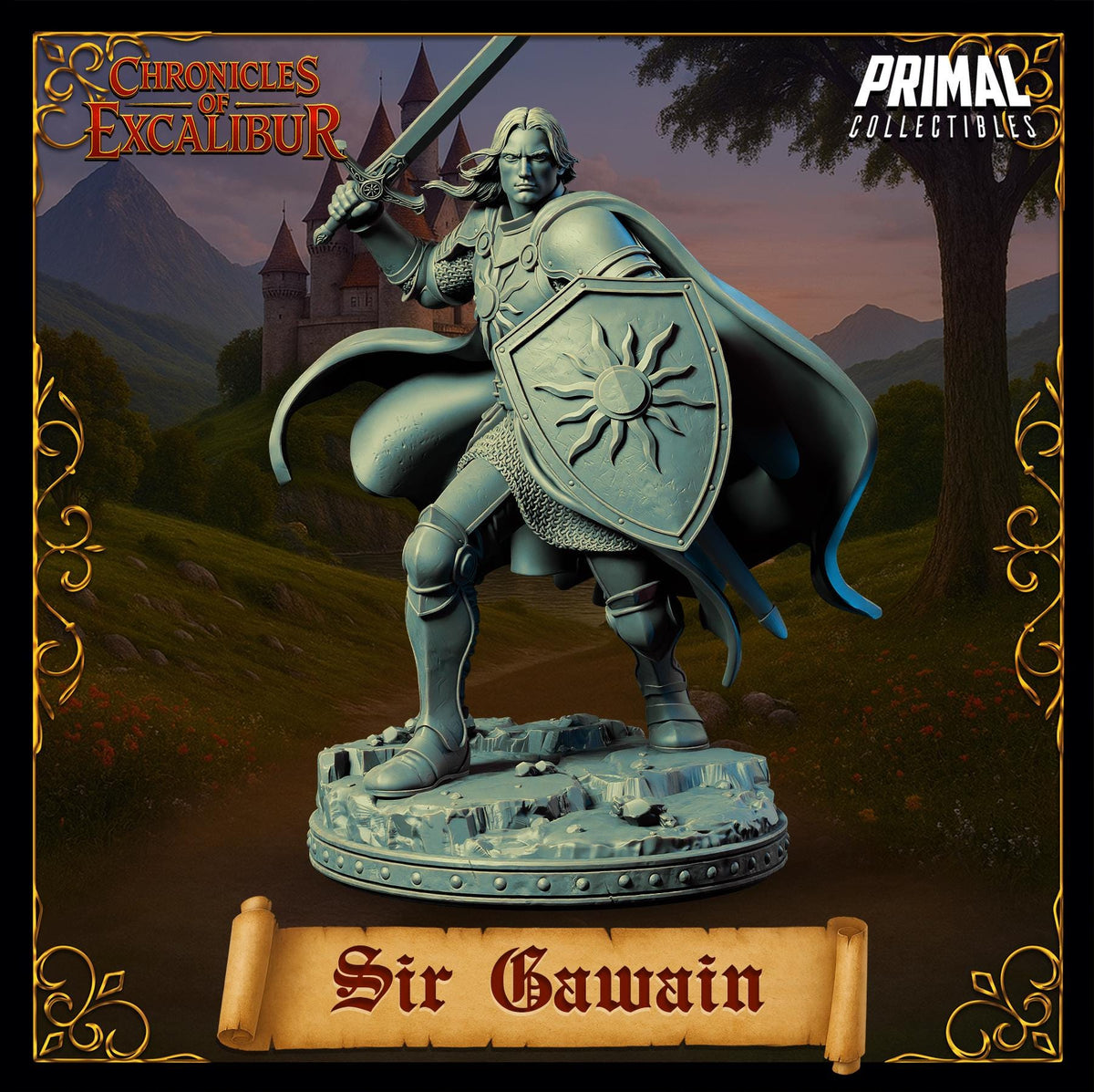 A statue of a knight in armor, holding a shield with a sun design, standing in a medieval-style setting with a castle in the background.