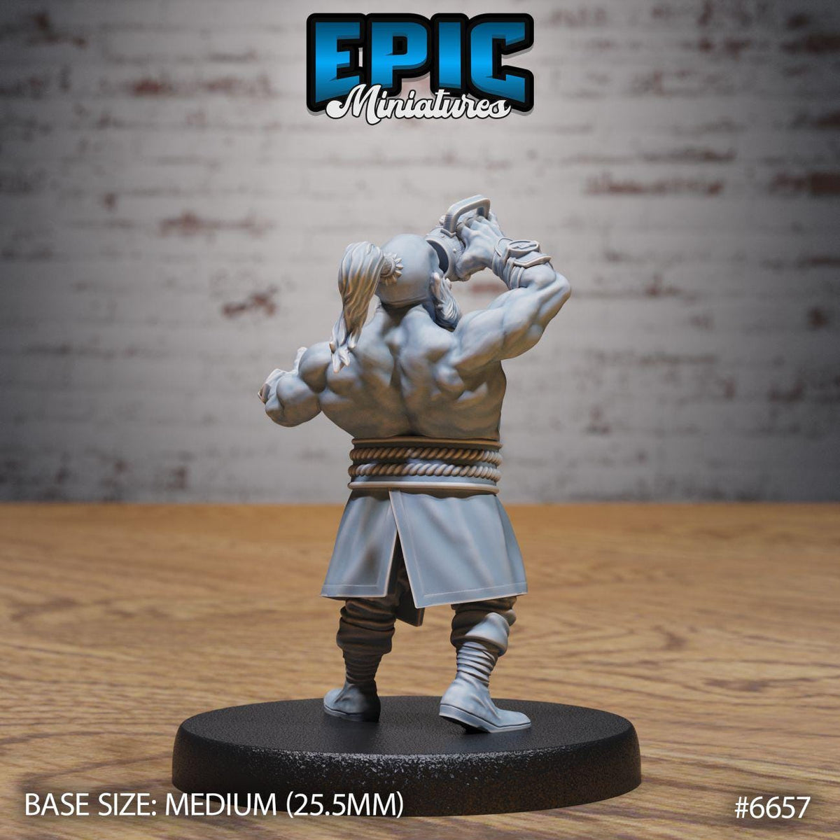 A figurine of a muscular, bearded man with a sword in his hand, standing on a black base. The figurine appears to be a miniature model of a character from a video game or tabletop game.
