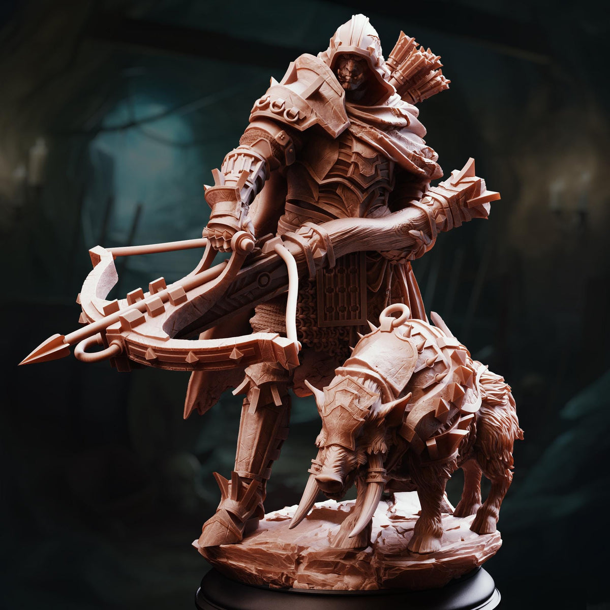 A detailed 3D model of a warrior figure holding a crossbow and standing next to a large animal, likely a dragon or similar mythical creature.