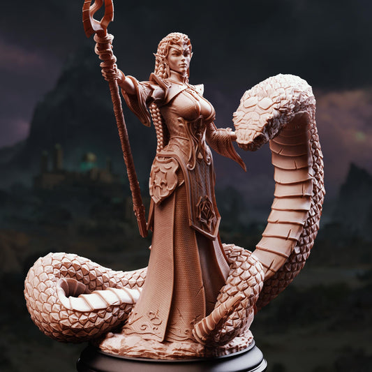 A detailed bronze statue of a woman with a staff and a snake, set against a dark, mountainous landscape.