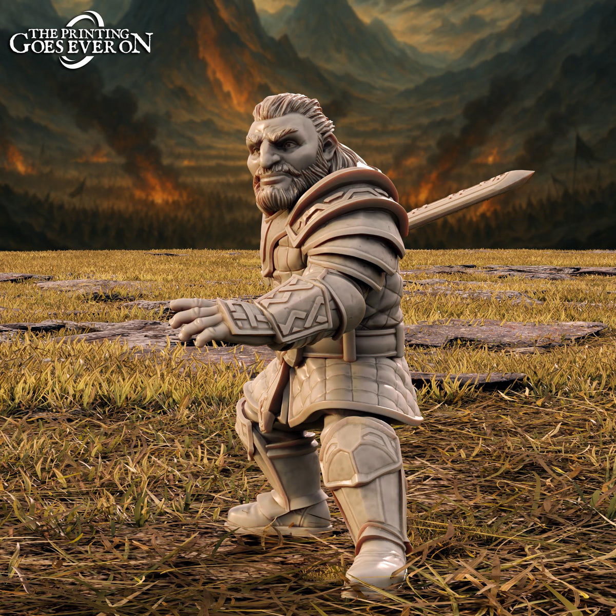 A detailed 3D rendering of a warrior figure in a field, holding a sword and standing with a serious expression.