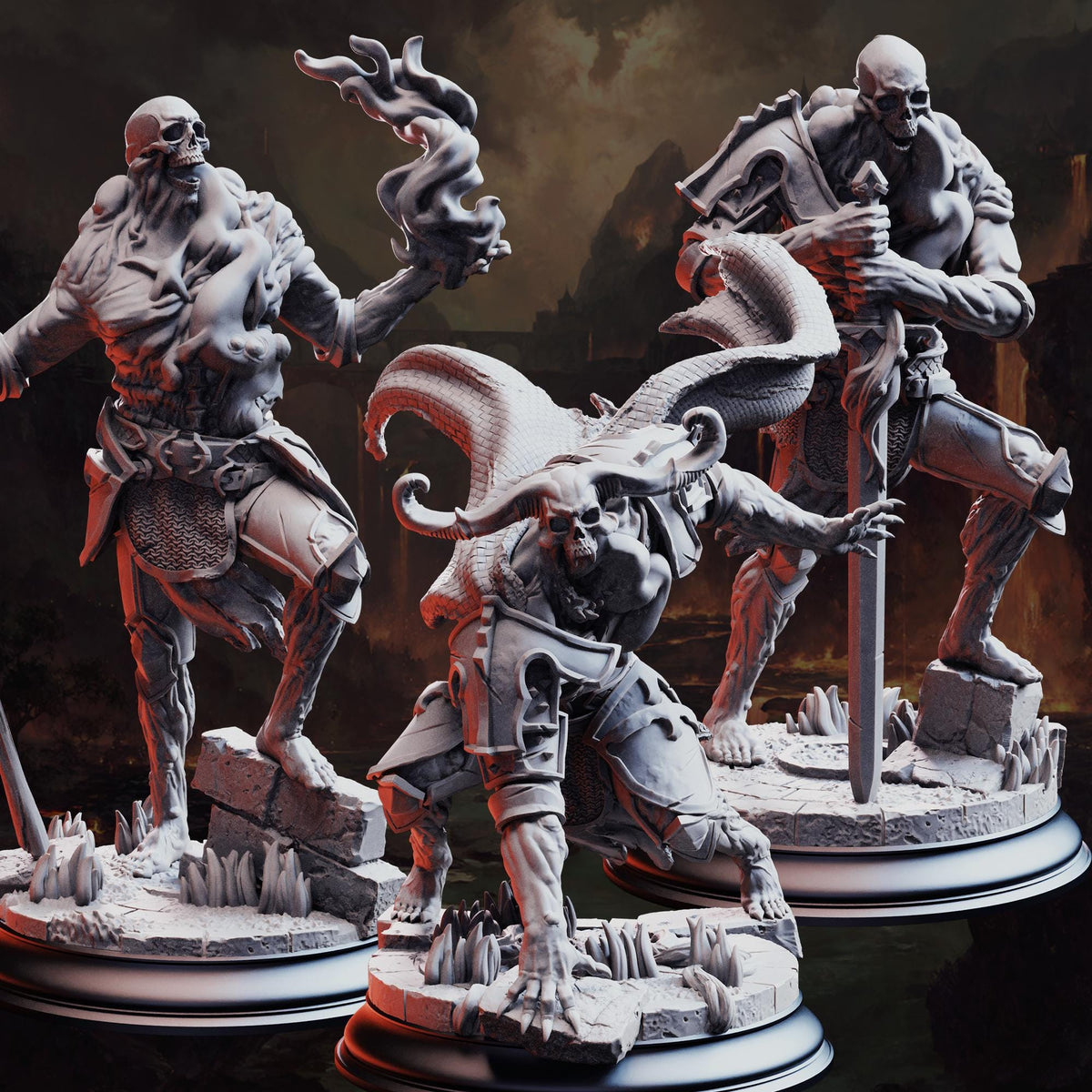 three detailed sculptures of fantastical creatures, including a dragon, a human-like figure, and another creature, all set against a dark, dramatic background.