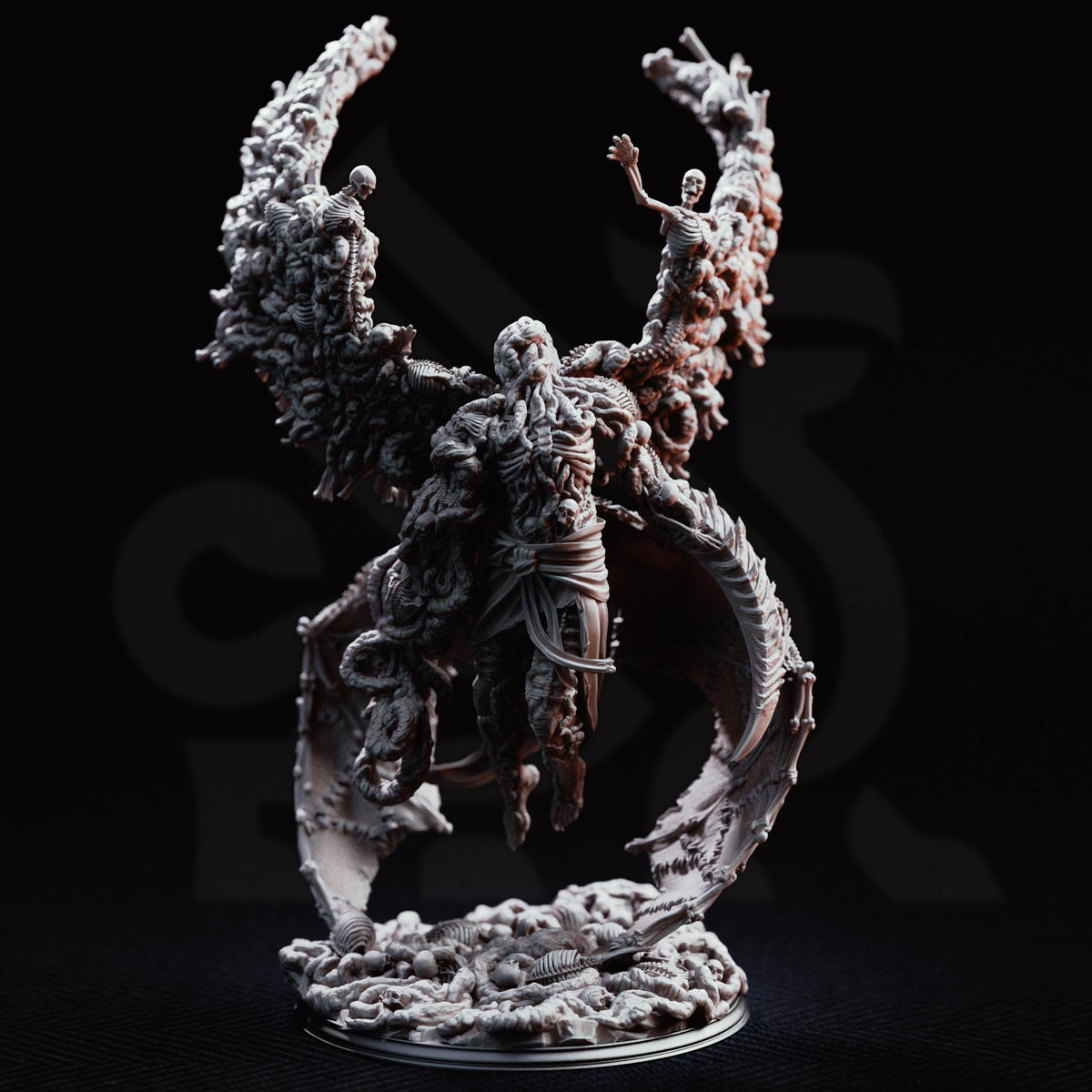 A detailed, intricate figurine of a winged, armored figure with a skull-like head, standing on a base and surrounded by a complex, organic structure.