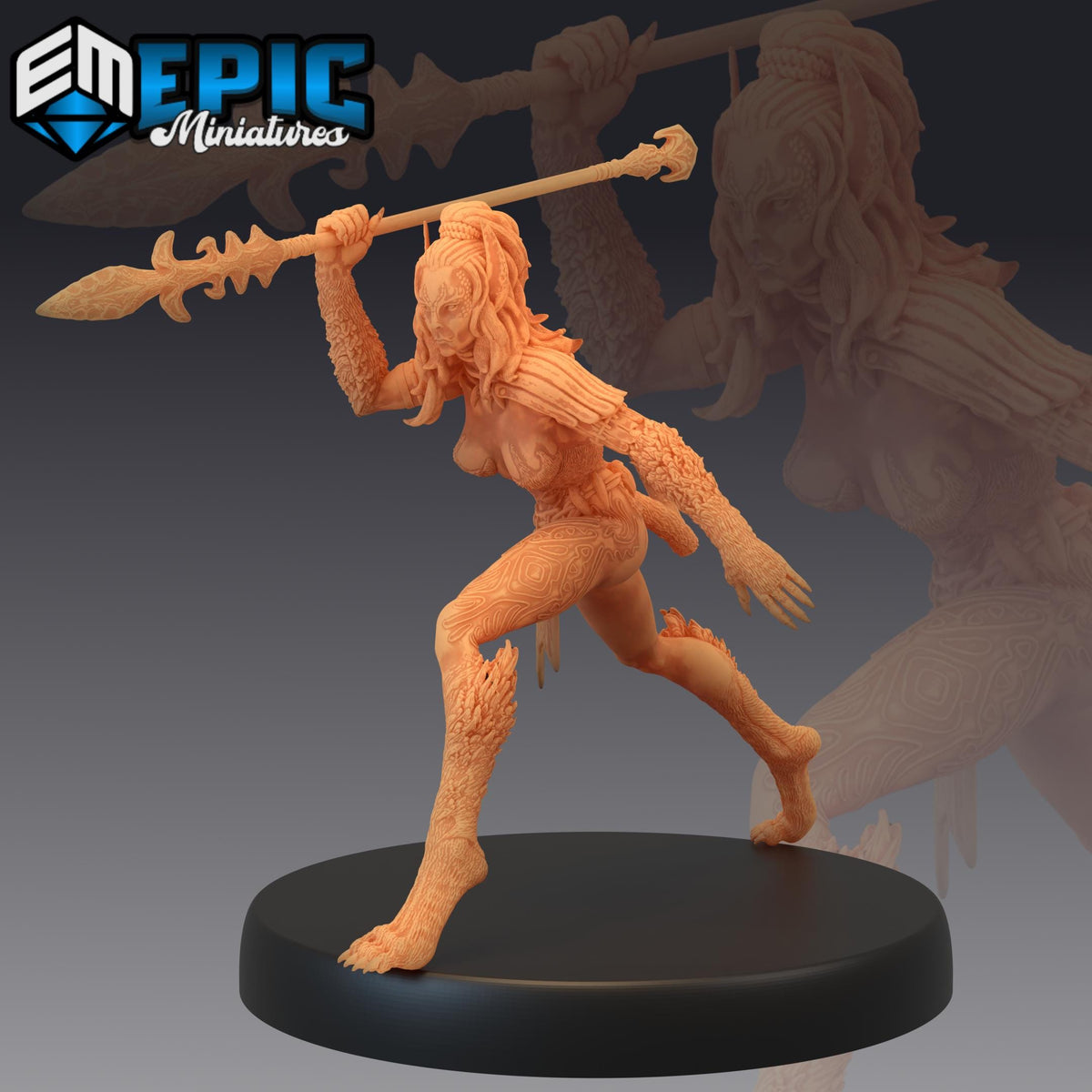 a figurine of a woman with a spear, standing on a platform.