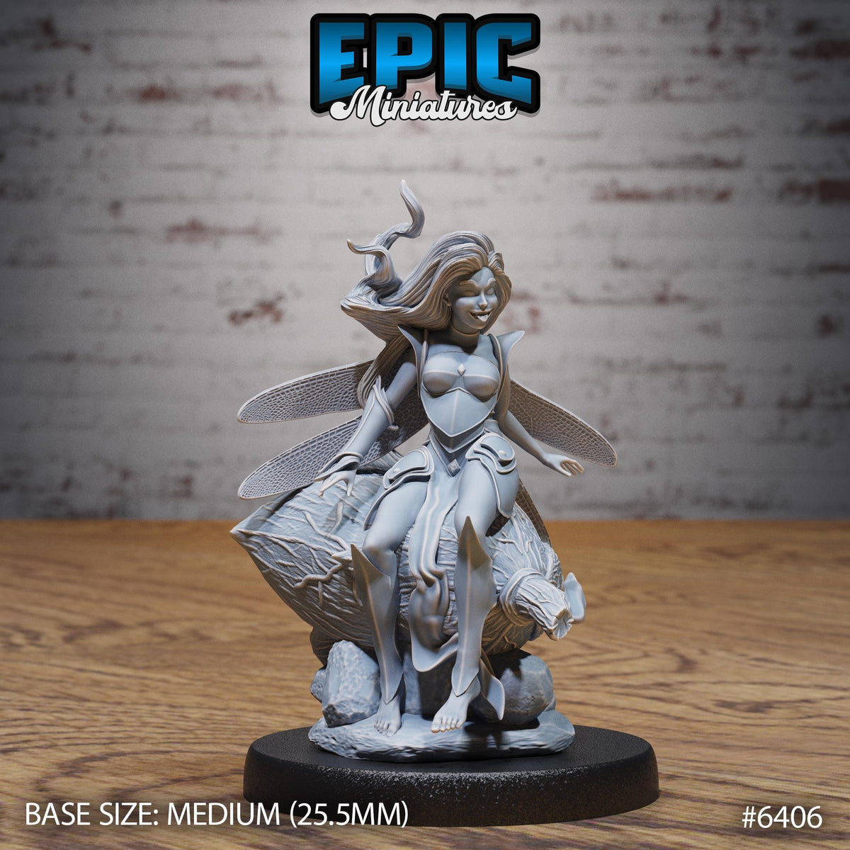 a figurine of a fairy-like character with wings, sitting on a rock and holding a butterfly. The figurine is placed on a black base, and the image is labeled with the text "Epic Miniature #6406" and "BASE SIZE: MEDIUM (25.5MM)".