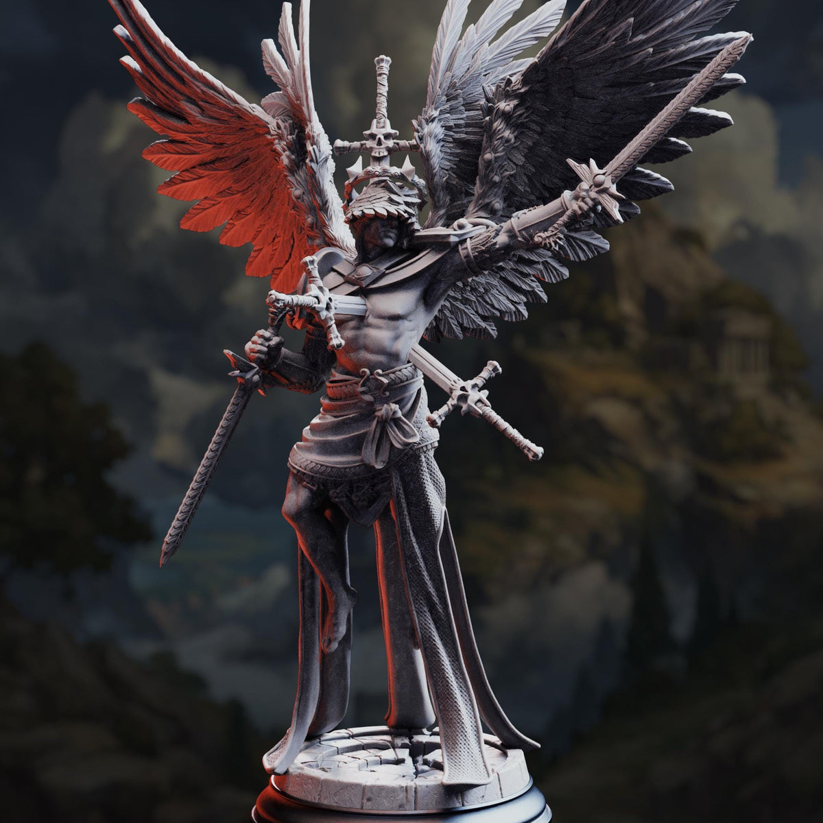 A detailed 3D rendering of a winged figure holding a sword and shield, standing on a pedestal against a dark, moody background.