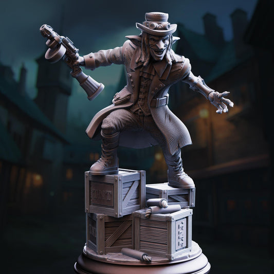 A 3D rendering of a character in a steampunk-style outfit, holding a gun and standing on a platform with crates and boxes.