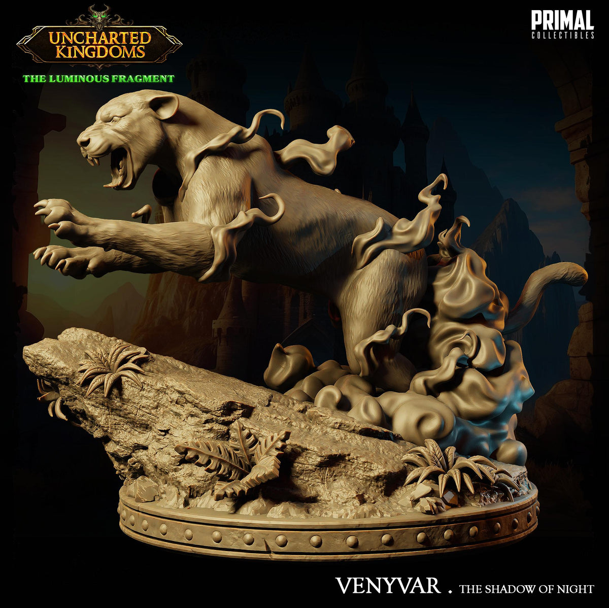 The image is a 3D model of a lion statue, which is part of the "Venyvar. The Shadow of Night" collection from the video game "Uncharted Kingdoms".