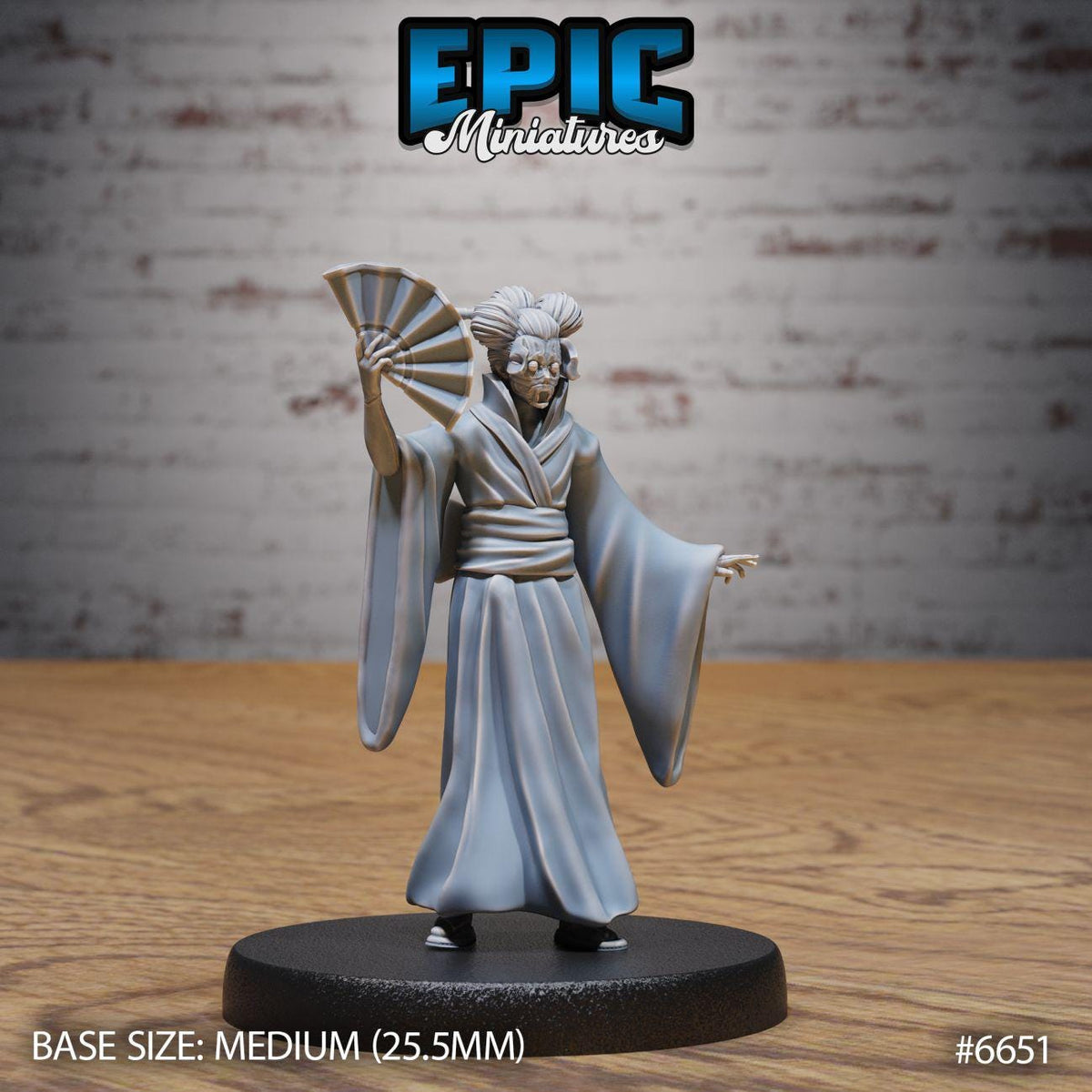 A figurine of a person wearing a traditional Japanese outfit, including a kimono and a fan, standing on a black base.