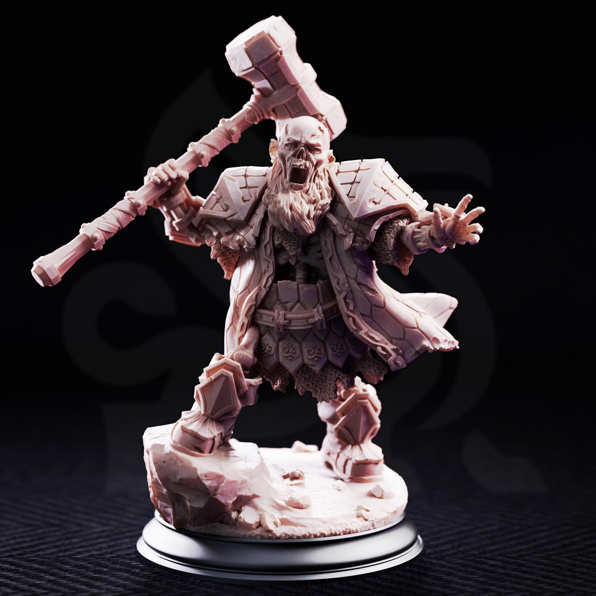A detailed figurine of a bearded, armored dwarf wielding a large hammer, standing on a rocky base against a dark background.