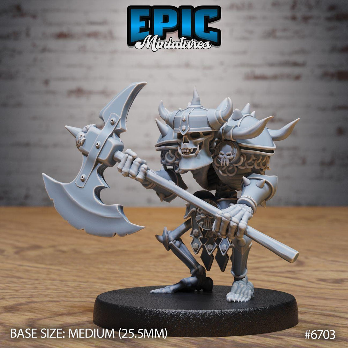 A 3D model of a miniature warrior figure, specifically an Epic Miniature character, is shown in the image. The figure is holding a large weapon and is posed in a fighting stance.