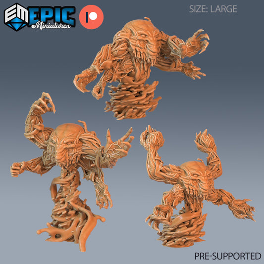 three detailed 3D models of a fantastical creature, likely a monster or a dragon-like being, with intricate and complex designs. The creature appears to be made of a material that resembles wood or stone, giving it a rough, organic appearance. The image is labeled as "PRE-SUPPORTED" and is described as a "LARGE SIZE" in the provided text.