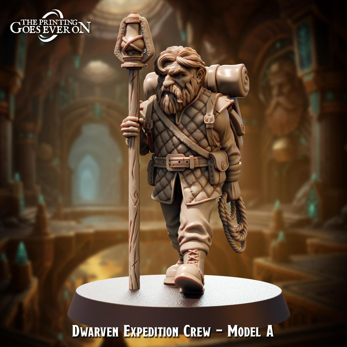 A figurine of a dwarf expedition crew member, specifically a member of the dwarven expedition crew, standing in a fantasy setting.
