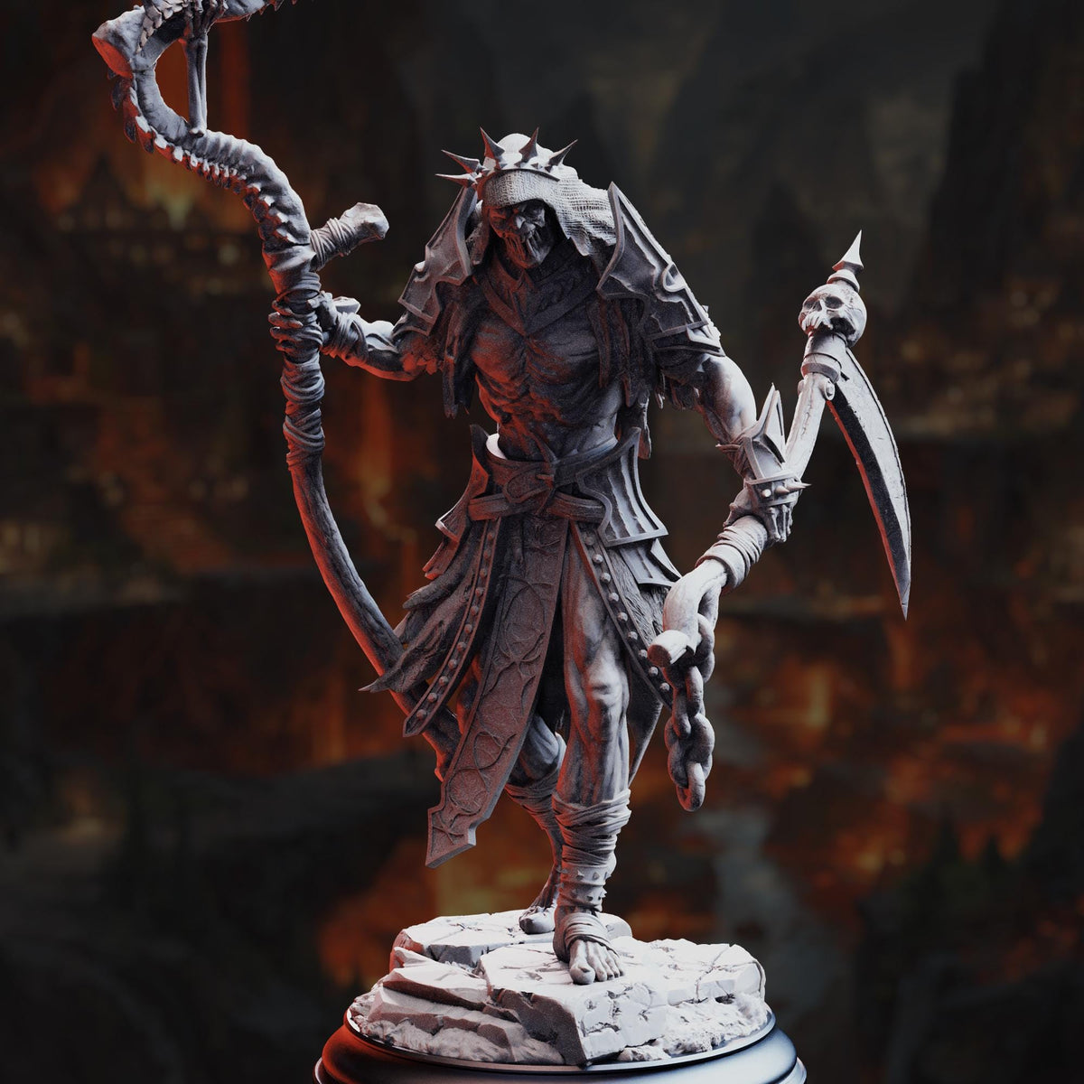 A detailed 3D model of a warrior figure, standing on a pedestal and holding various weapons, including a sword and a spear.