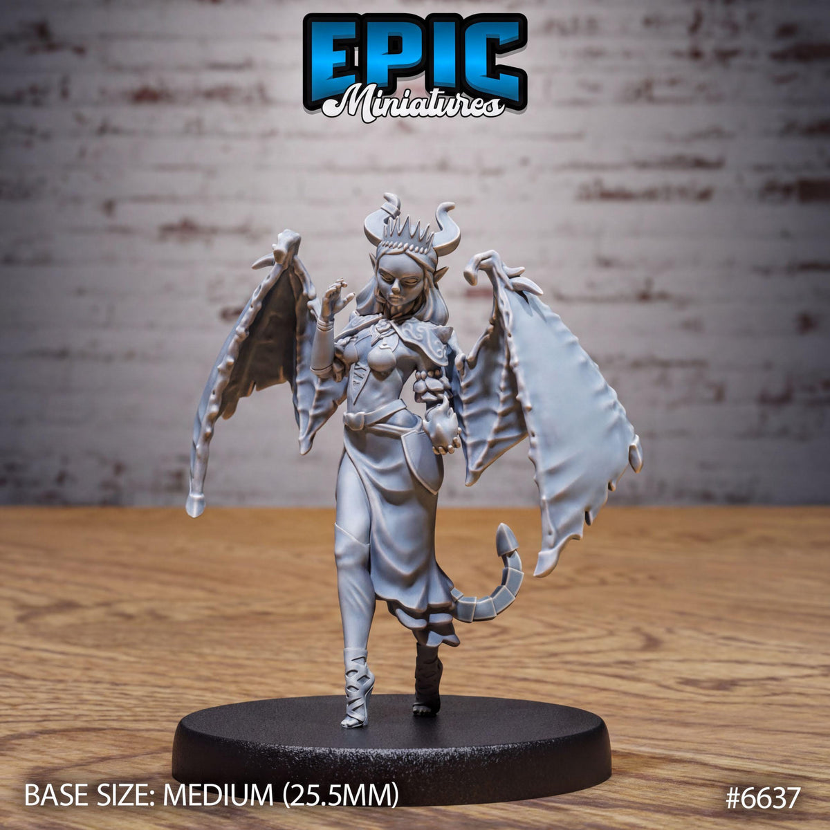 A figurine of a winged, winged female character with horns and a crown, standing on a black base.