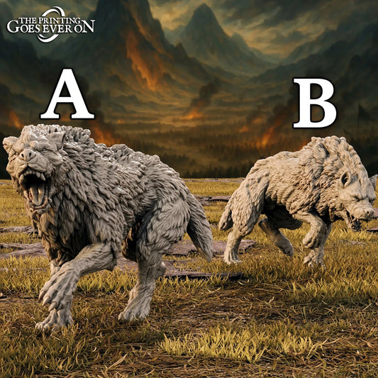 two large, fierce-looking stone sculptures of wolves running through a grassy field with mountains in the background.