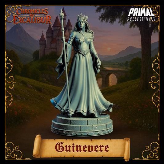 a statue of a woman wearing a crown and holding a staff, standing in front of a castle and a bridge. The statue is titled "Guinevere" and is part of the "Chronicles of Excalibur" series.