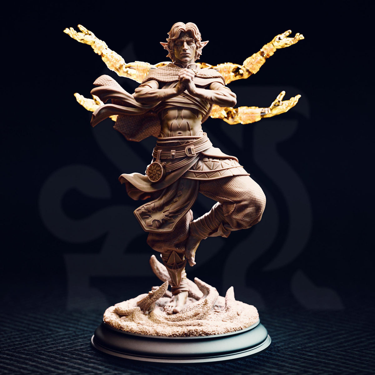 A bronze statue of a warrior figure with a flowing robe and holding a weapon, standing on a pedestal against a dark background.