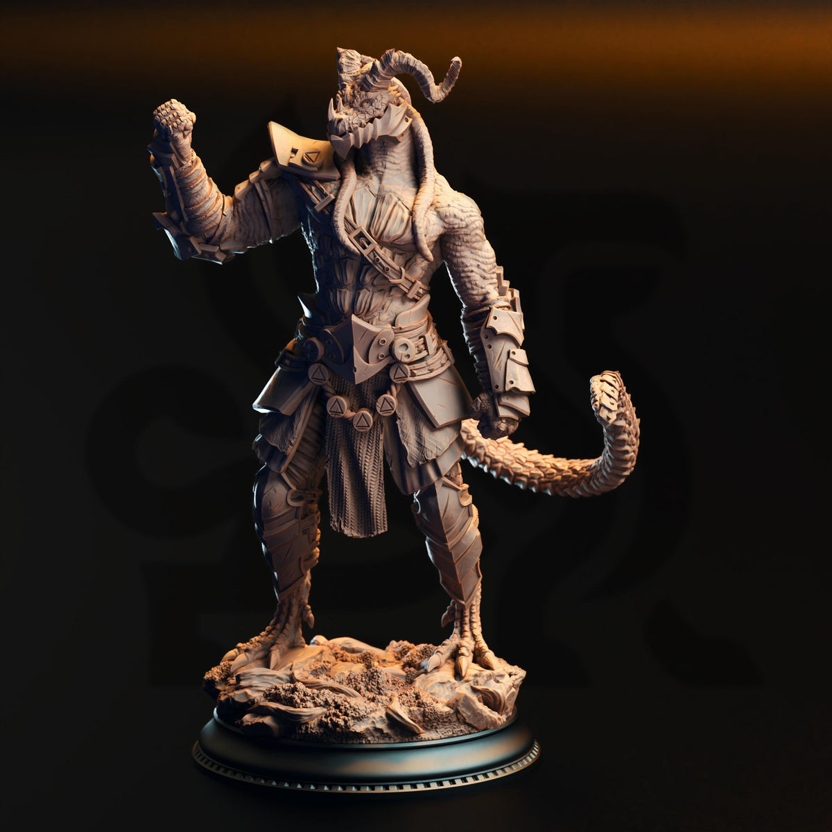 A detailed 3D model of a warrior figure, standing on a pedestal and holding a weapon.