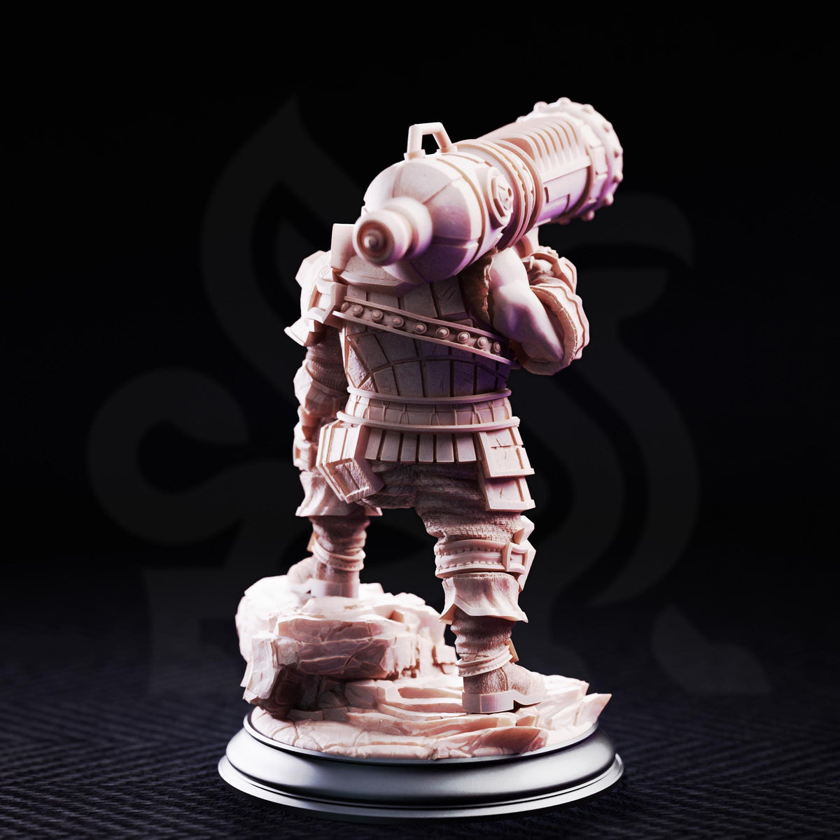 A figurine of a person holding a large object, possibly a weapon or tool, on their back against a dark background.