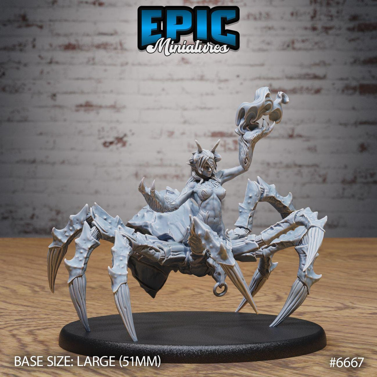 A large model of a spider-like creature with a human-like body, standing on a black base.