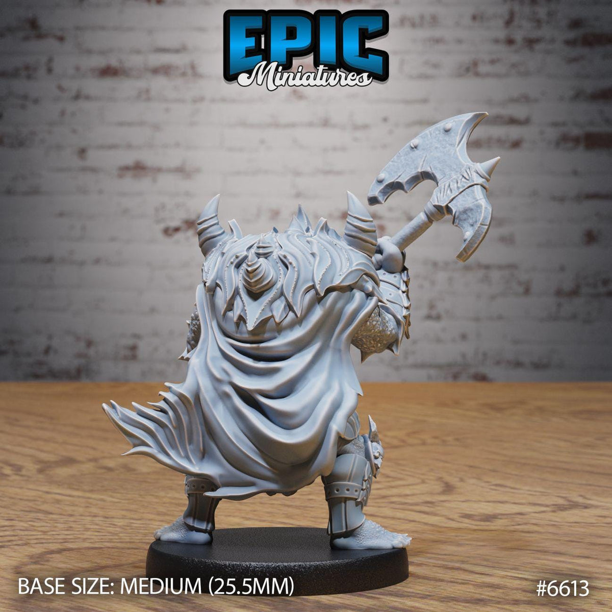 A detailed 3D model of a fantasy character, likely a warrior or monster, standing on a wooden surface. The character is holding a large weapon, possibly a sword or spear, and has a distinctive, intricate design. The background is a brick wall, which adds to the overall aesthetic of the image.