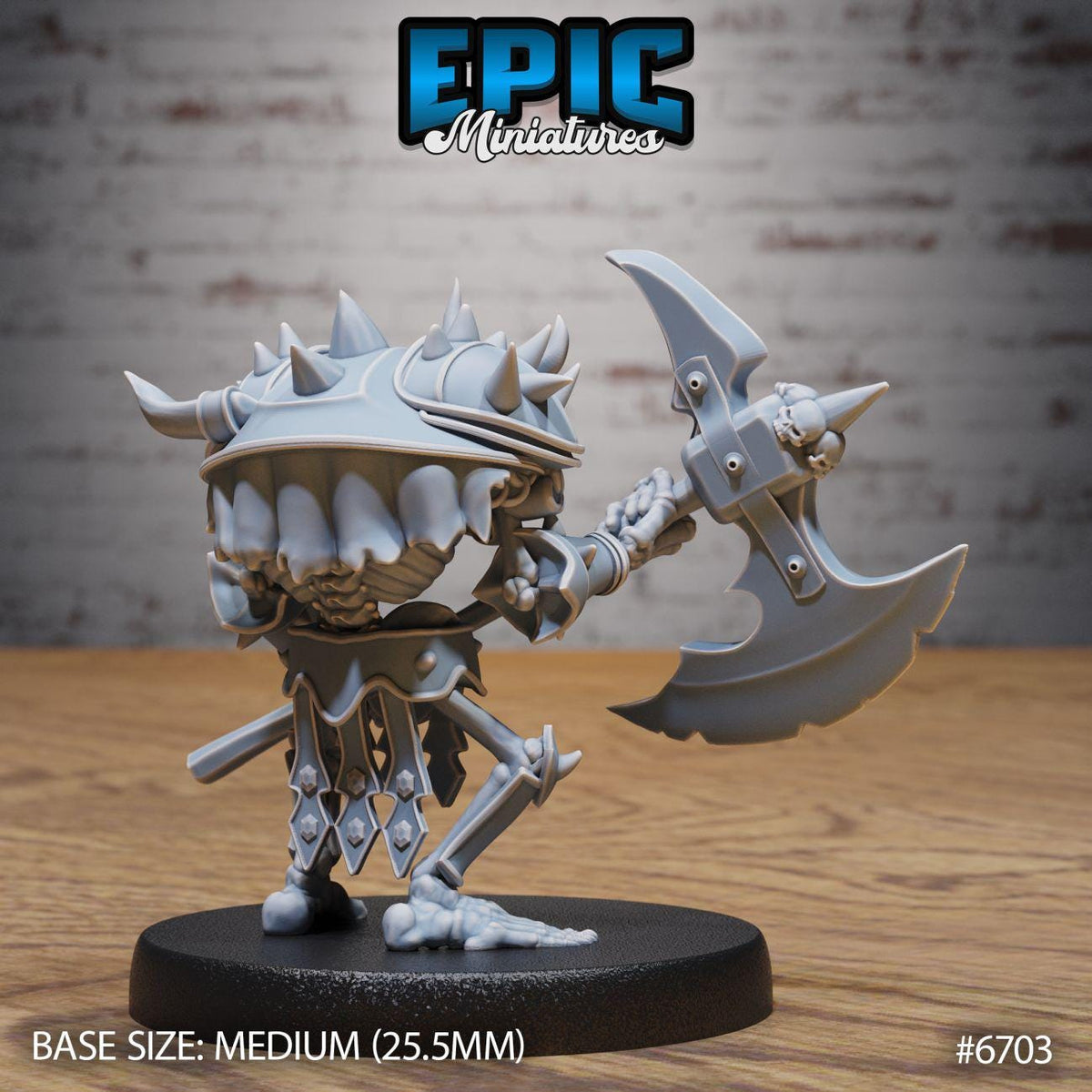 A 3D model of a miniature character, likely a fantasy or science fiction character, with a large weapon in its hand. The character is standing on a black base and is described as a "MEDIUM" size, which is 25.5 millimeters in height. The background of the image is a brick wall.