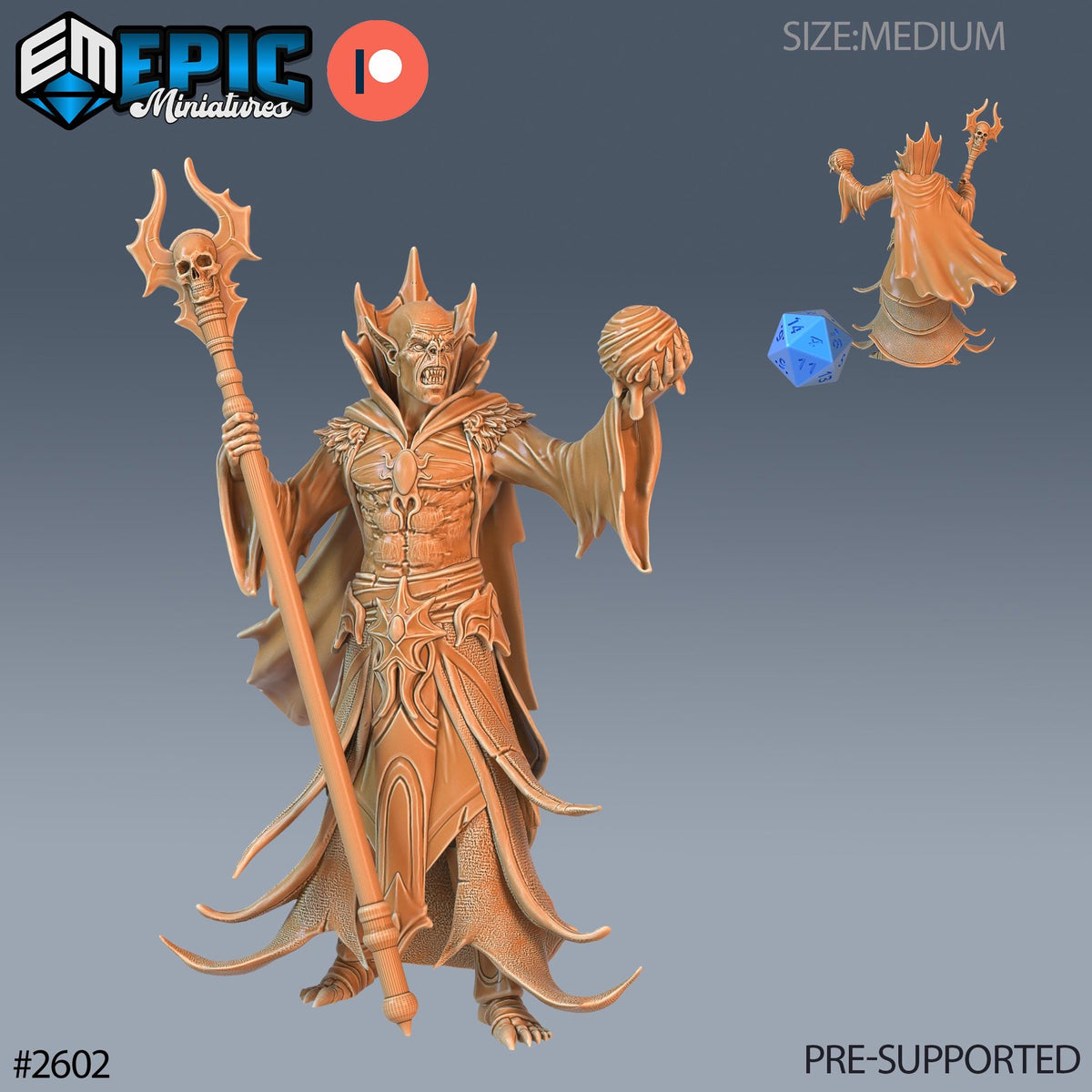 The image is a 3D rendering of a fantasy character, possibly a wizard or magical being, holding a staff and a crystal ball. The character is wearing a long robe and has a skull-like headdress. The image is labeled as a "PRE-SUPPORTED" version, indicating that it has been provided for use in a game or other project. The character is shown in various sizes, from a small figurine to a larger, more detailed model.