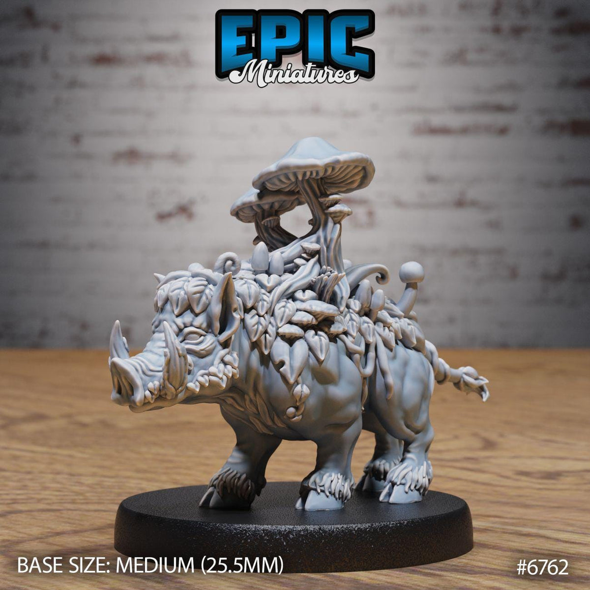 A detailed 3D model of a fantastical creature, resembling a mythical or magical being, with intricate details and textures. The creature is mounted on a platform and appears to be a small, furry animal with a mushroom-like structure on its back. The image is labeled with the text "EPIC Miniaturized" and "BASE SIZE: MEDIUM (25.5MM)" indicating the size and material of the model.