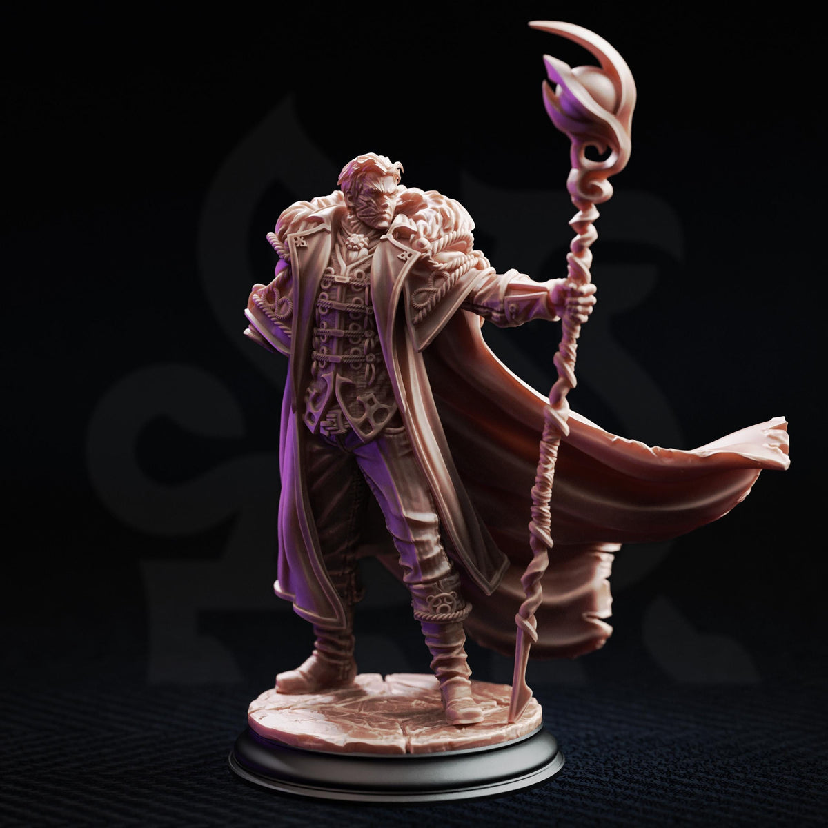 A detailed 3D model of a fantasy character, likely a wizard or magical figure, standing on a pedestal and holding a staff or staff-like object.