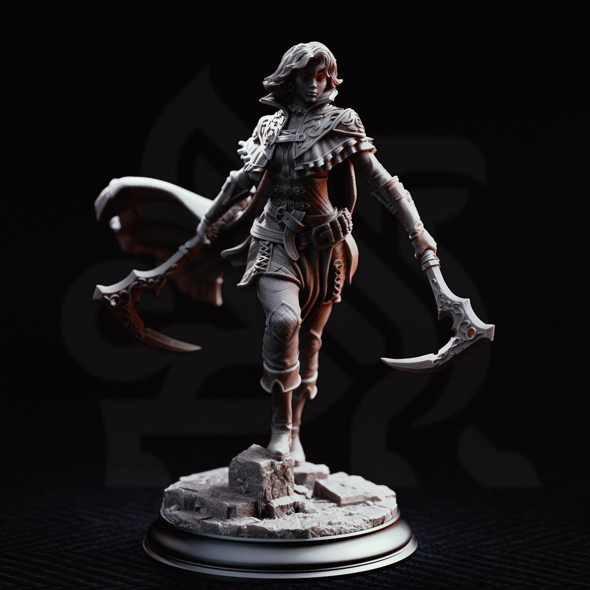 A detailed 3D model of a female warrior figure, holding a sword and shield, standing on a rocky base against a dark background.