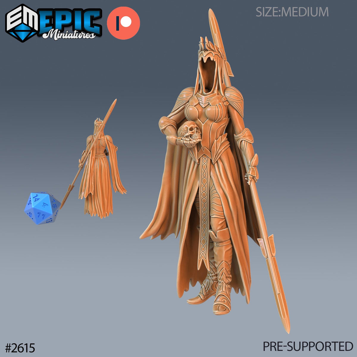 a 3D model of a female warrior figure, including a detailed and intricate costume, a sword, and a spear. The warrior appears to be a fantasy character, possibly from a fantasy role-playing game or a fantasy-inspired artwork. The image is pre-supported, meaning it is ready to be used in a game or artwork without requiring any additional development or resources.