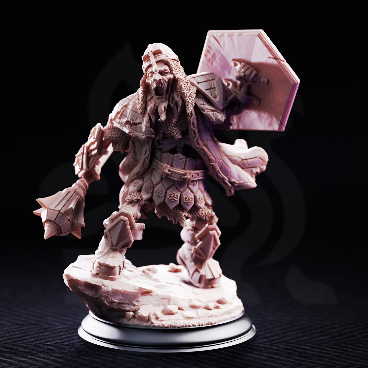 A figurine of a fierce-looking warrior figure, possibly a dragon or monster, is depicted in a dynamic pose, holding a shield and a weapon.