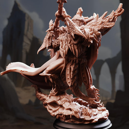 A detailed 3D model of a fantastical creature, possibly a dragon or serpent, with intricate textures and patterns. The creature is standing on a rock formation, and the background features a rocky landscape with mountains and clouds.