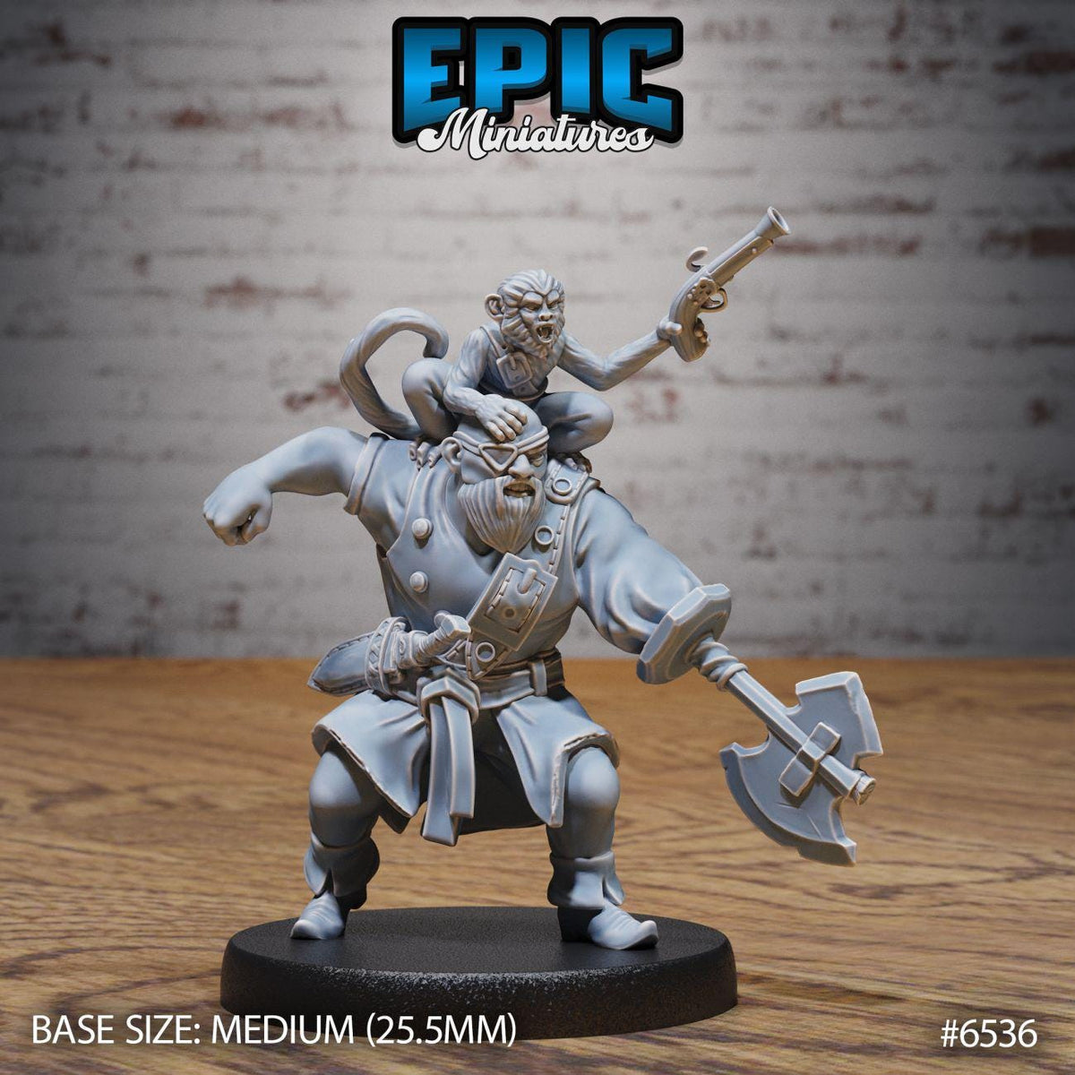 a figurine of a character with a monkey on their back, holding a weapon and standing on a base.
