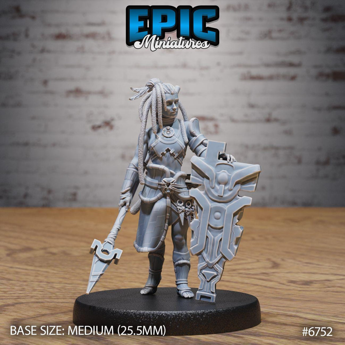 A figurine of a female character with dreadlocks, wearing a helmet and holding a shield, standing on a black base.