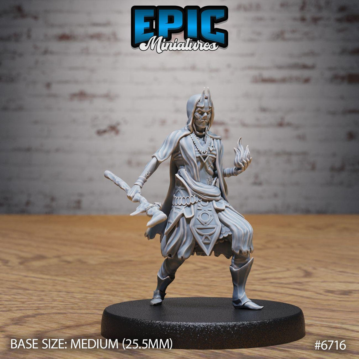 A figurine of a warrior standing on a base, with a brick wall in the background.