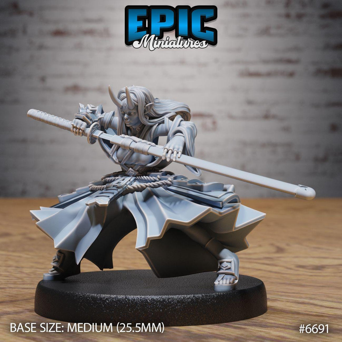 A figurine of a warrior wielding a sword, standing on a black base.