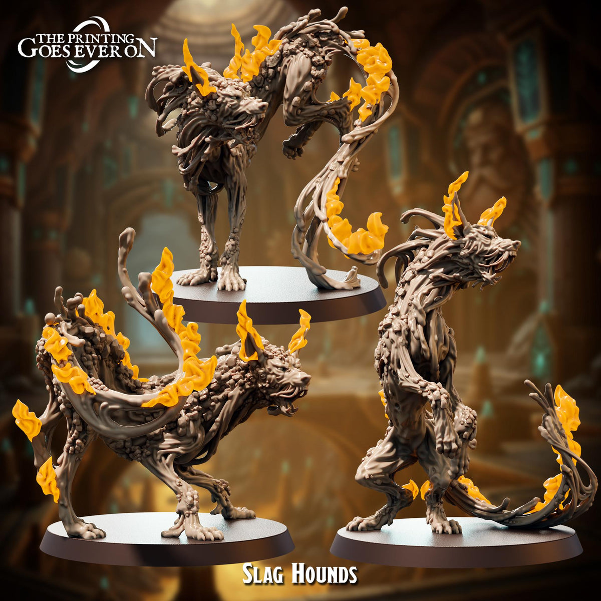 three detailed figurines of slag hounds, a mythical creature with a fierce appearance and glowing yellow flames on its back.