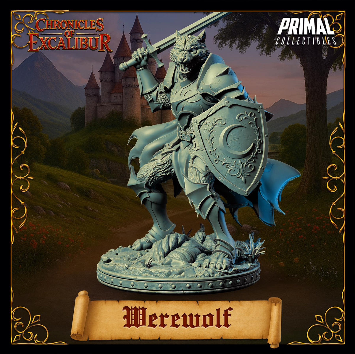 A statue of a werewolf holding a sword and shield, standing in front of a castle in a fantasy setting.