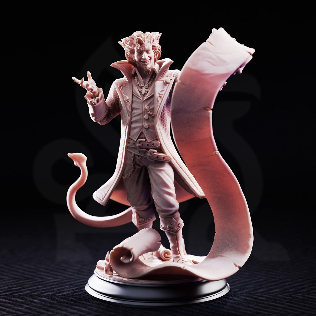 A figurine of a person with a long, flowing cape and a large, curled scroll, standing on a pedestal against a dark background.