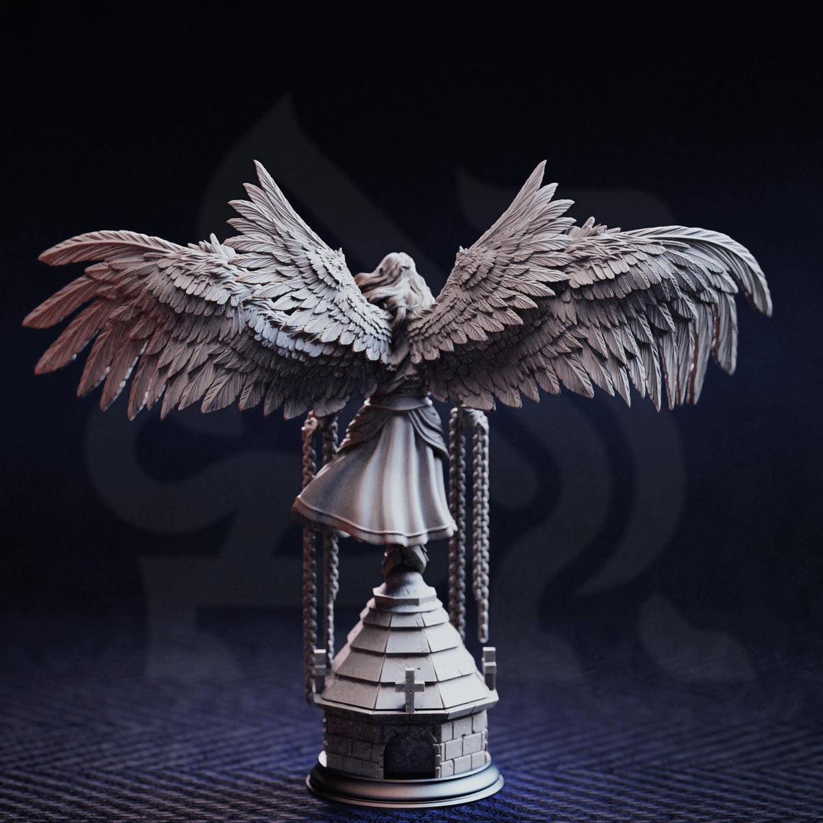 A detailed 3D model of a winged figure with outstretched wings, standing on a small pedestal or base.