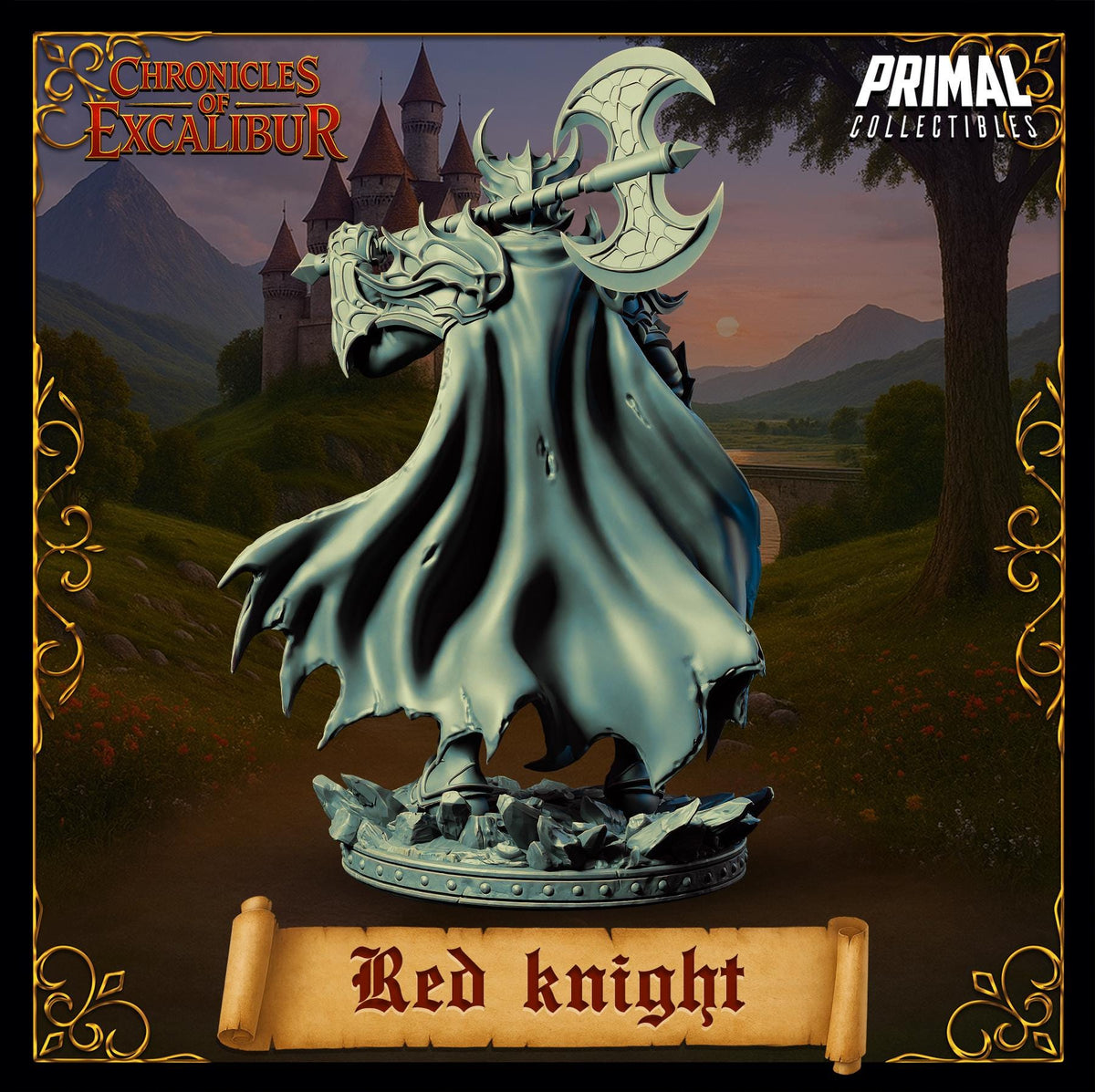 a statue of a knight with a large sword and a flowing cape, set against a castle and a mountainous landscape.