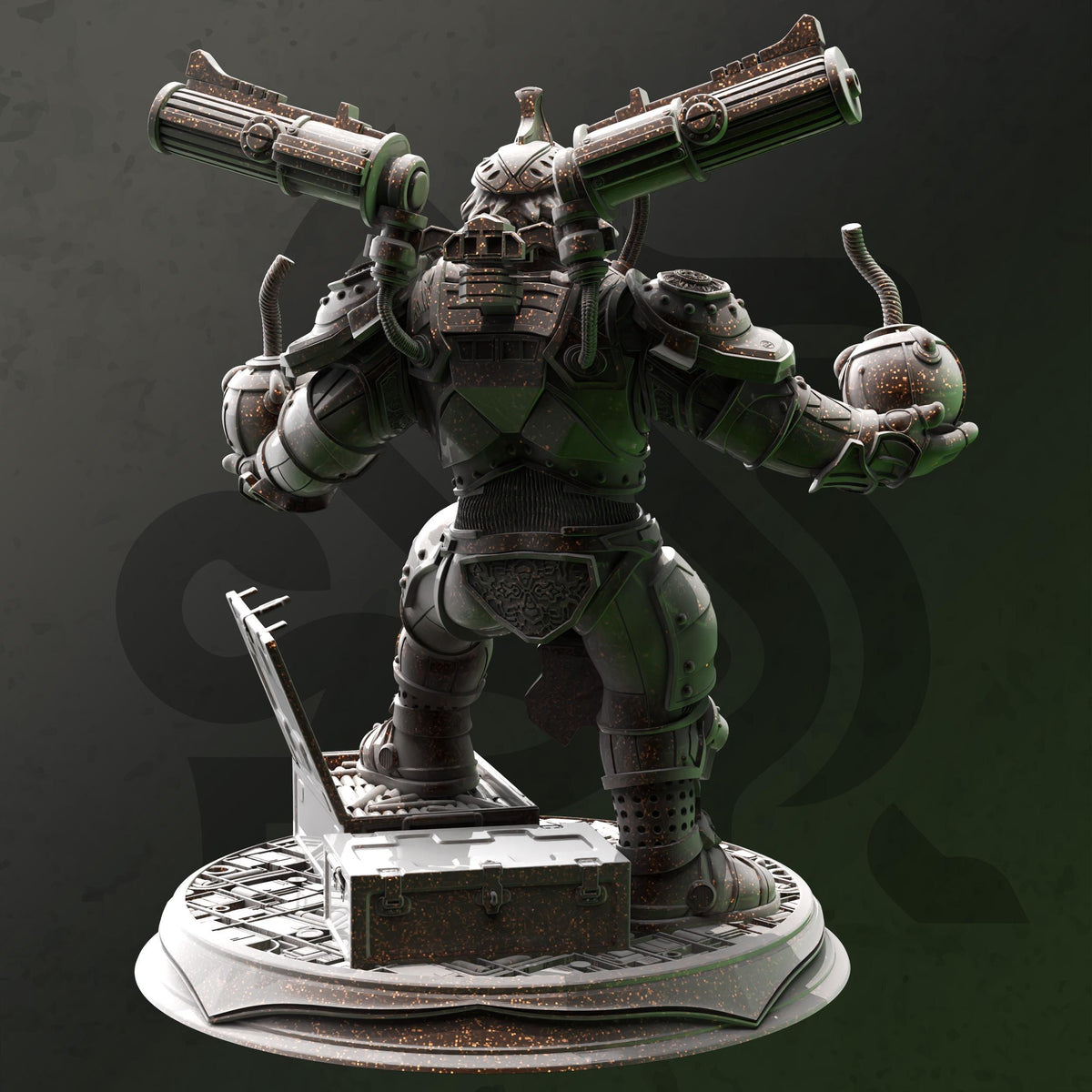 A 3D rendering of a heavily armored and armed robot or mechanical figure, with multiple weapons and a large gun-like device on its back.