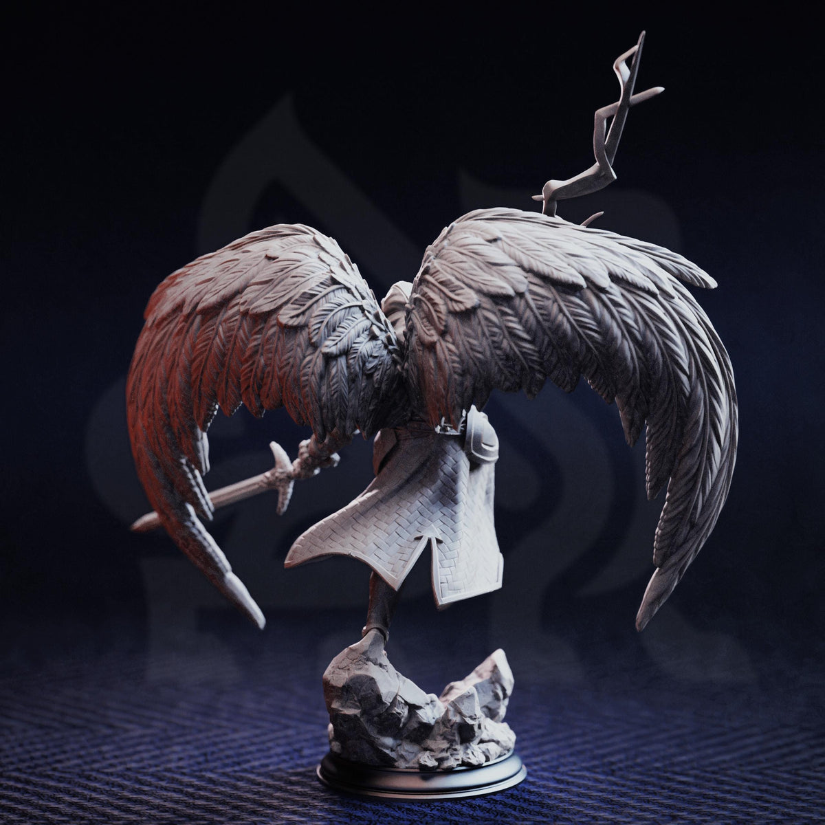 A detailed 3D model of a winged figure holding a sword, standing on a rock formation against a dark background.