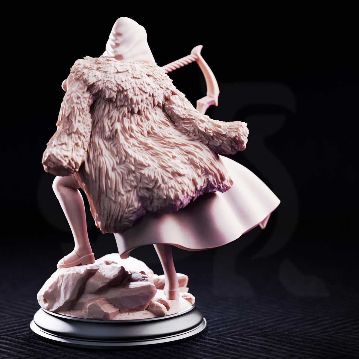 A figurine of a person wearing a furry coat and holding a weapon, standing on a rock.