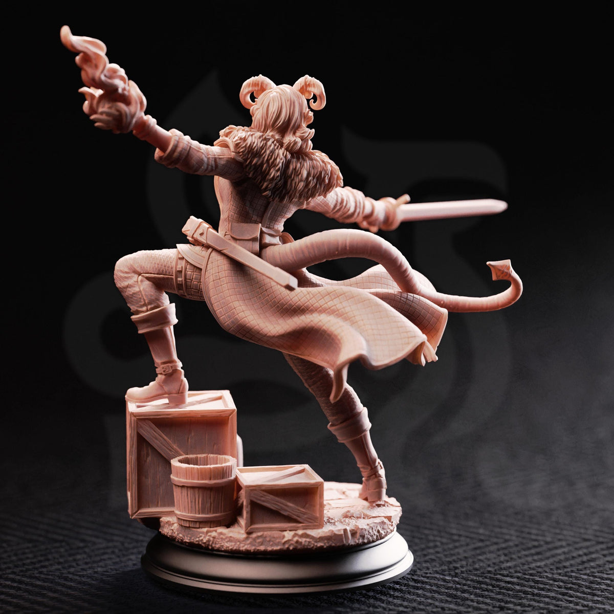 A detailed figurine of a character with horns, a flowing robe, and a sword, set against a dark background.