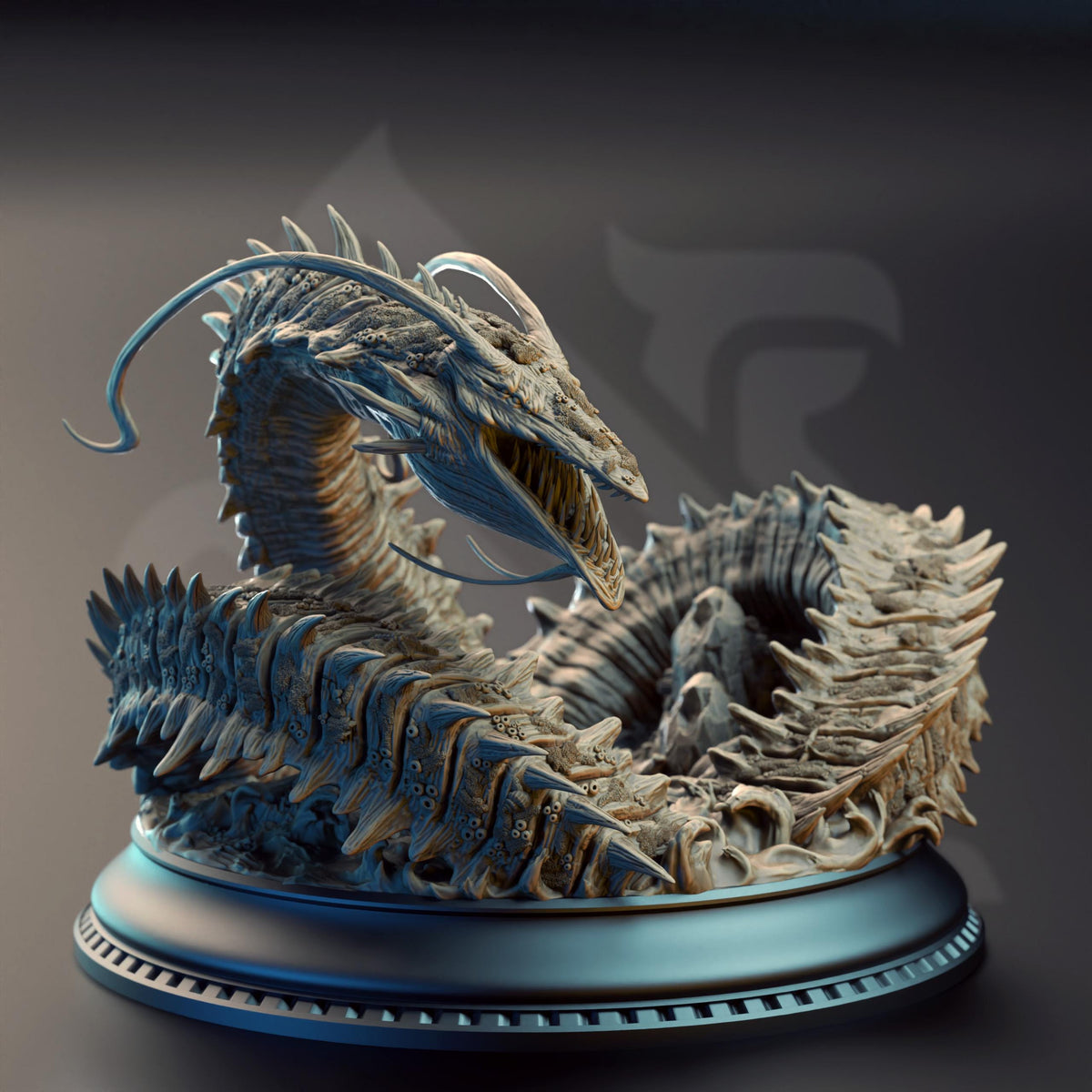 A detailed 3D rendering of a fantastical creature resembling a dragon or serpent, with intricate scales and a fierce expression.