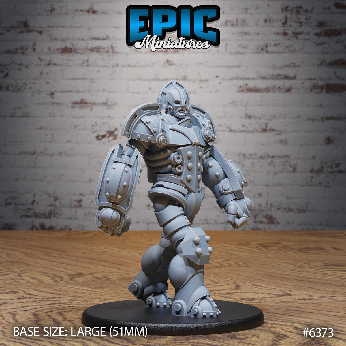A 3D model of a large, armored robot or minifigure, standing on a black base. The robot has a metallic, futuristic appearance and is positioned in front of a brick wall.