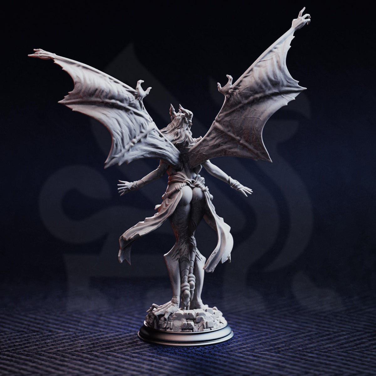 A detailed 3D model of a winged, winged creature with a fierce expression, standing on a pedestal against a dark background.